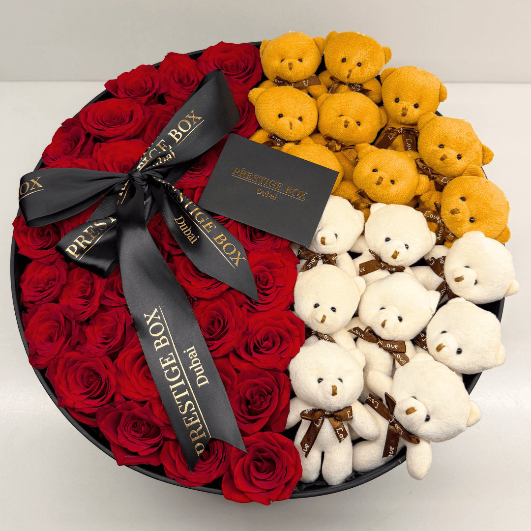 XLarge Round Rose Flower Box + Teddy Bears