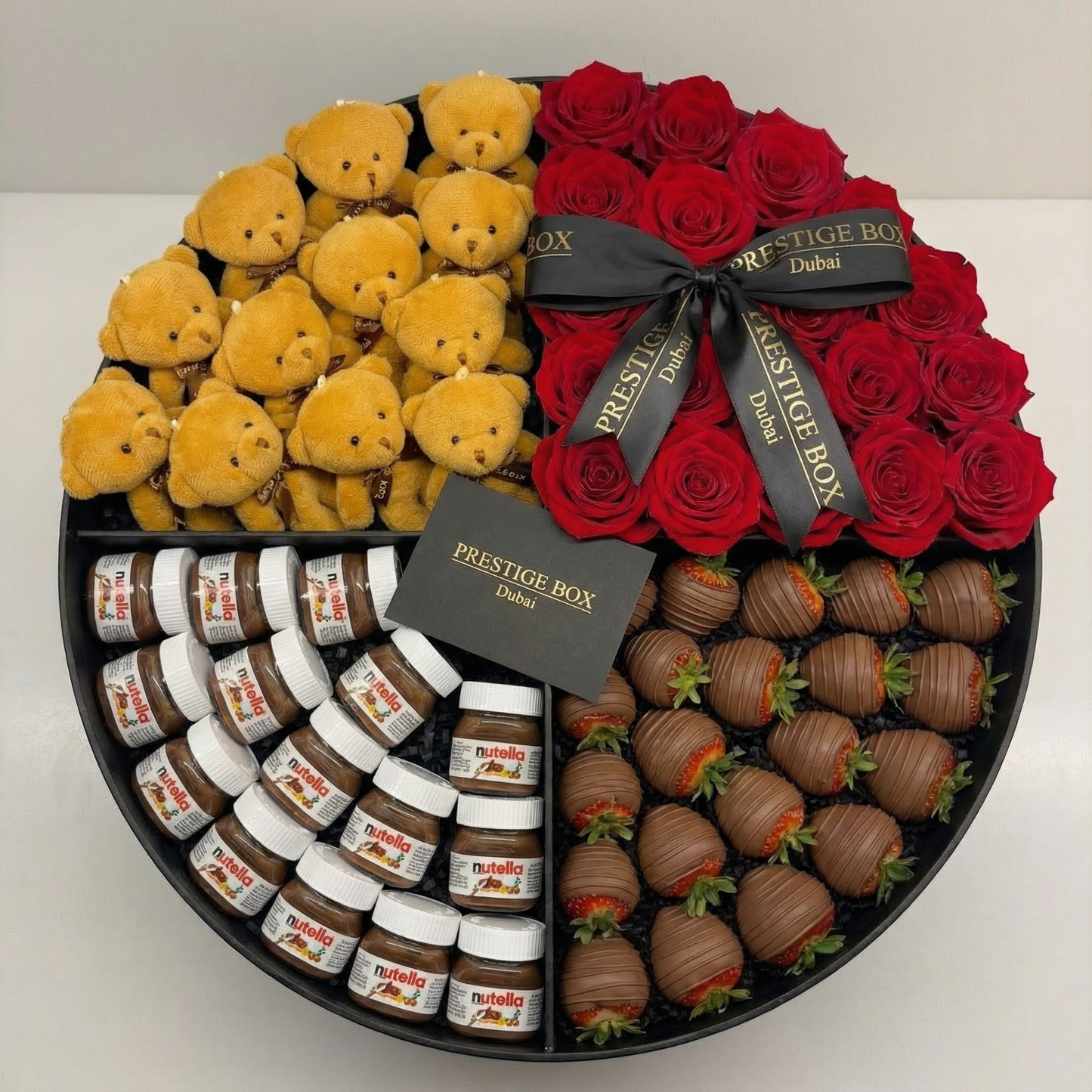XLarge Round Rose Flower Box +Nutella + Strawberry + Soft Teddys