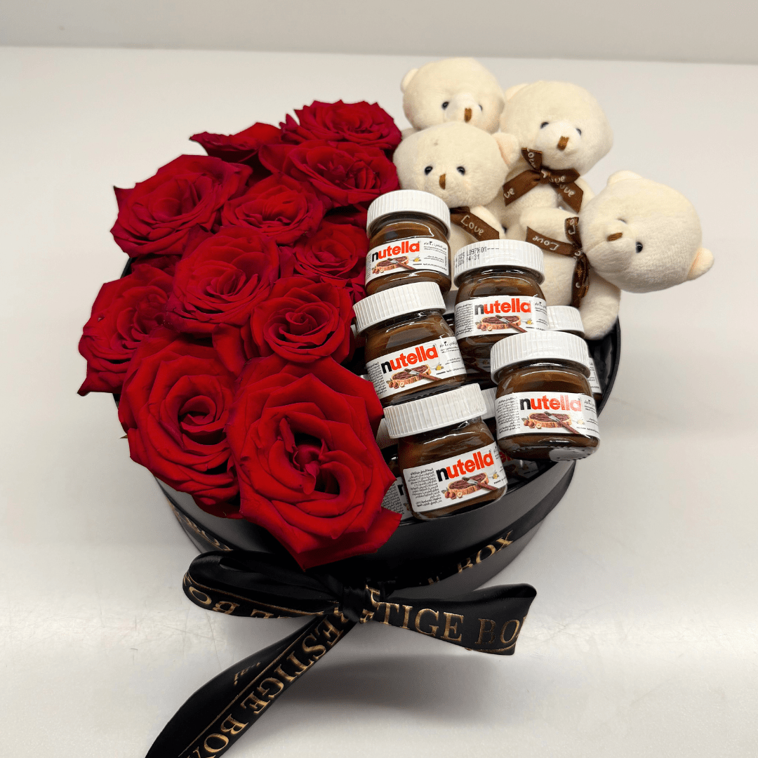 Small Round Rose Flower Box + Nutella+ Teddy Bears