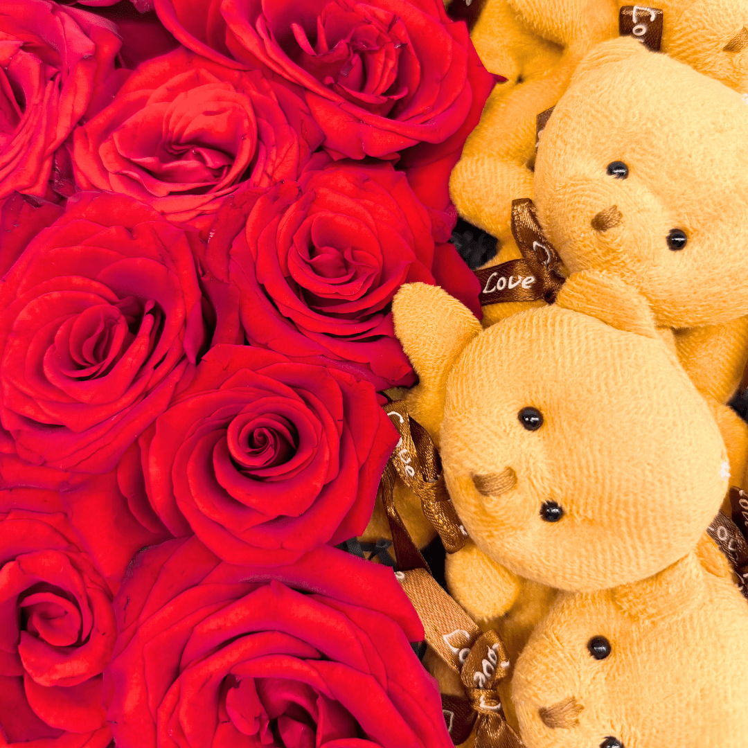 Small Round Rose Flower Box + Teddy Bears