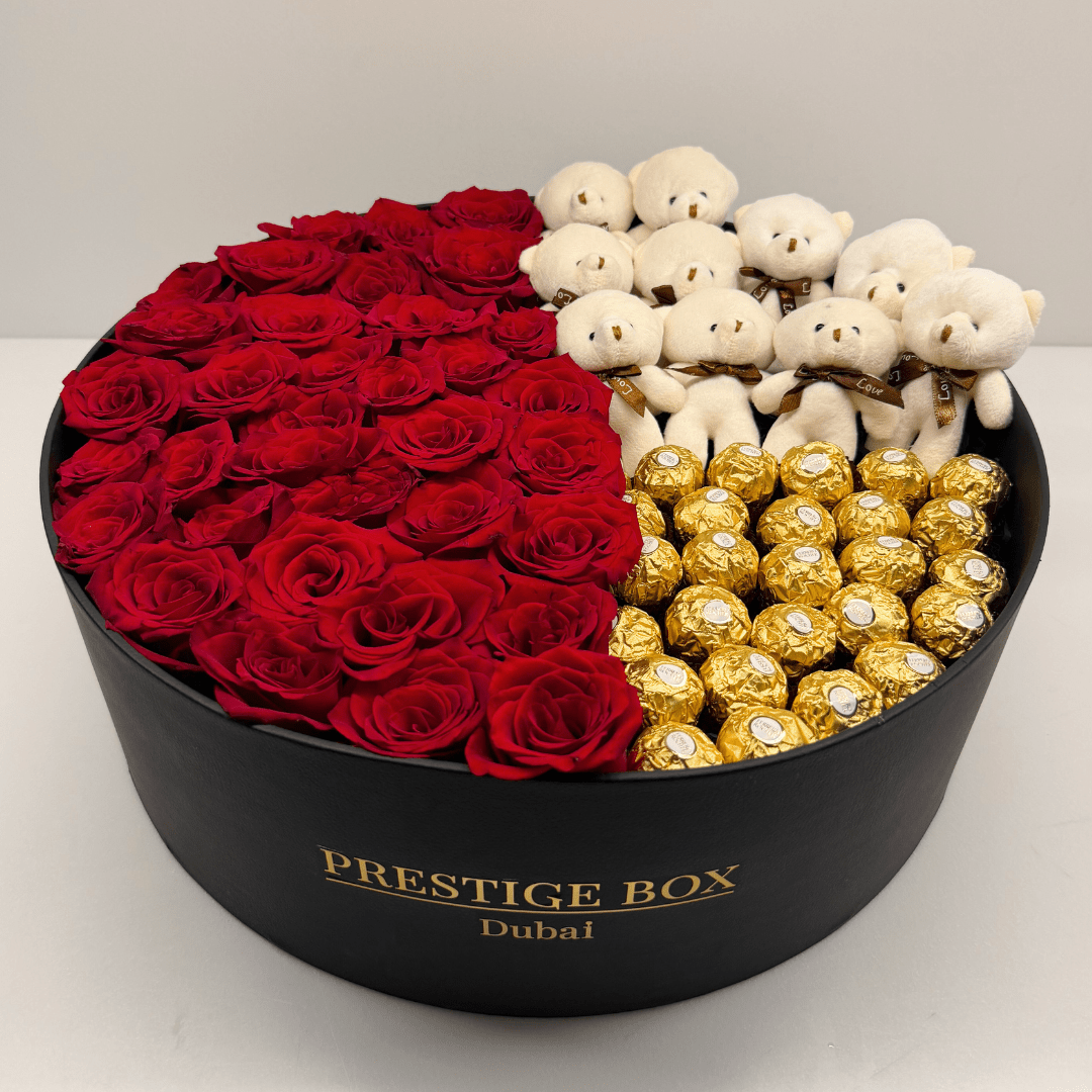 XLarge Round Rose Flower Box + Ferrero + White Teddy Bears