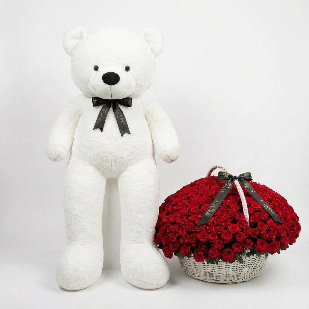 100 Premium Red Roses Basket + Giant Teddy Bear
