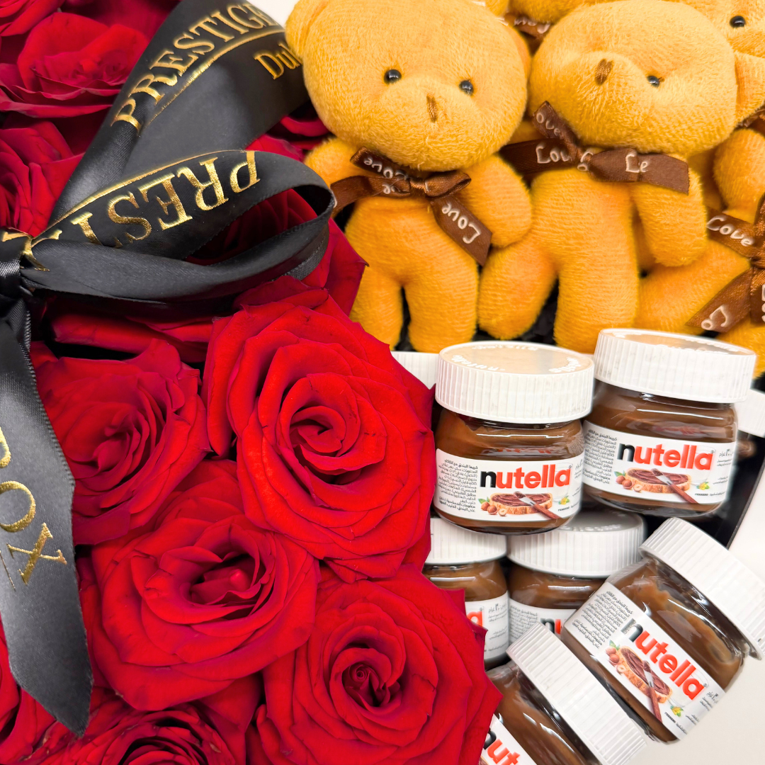 Heart Shape Rose Flower Box + Nutella + Teddy Bears