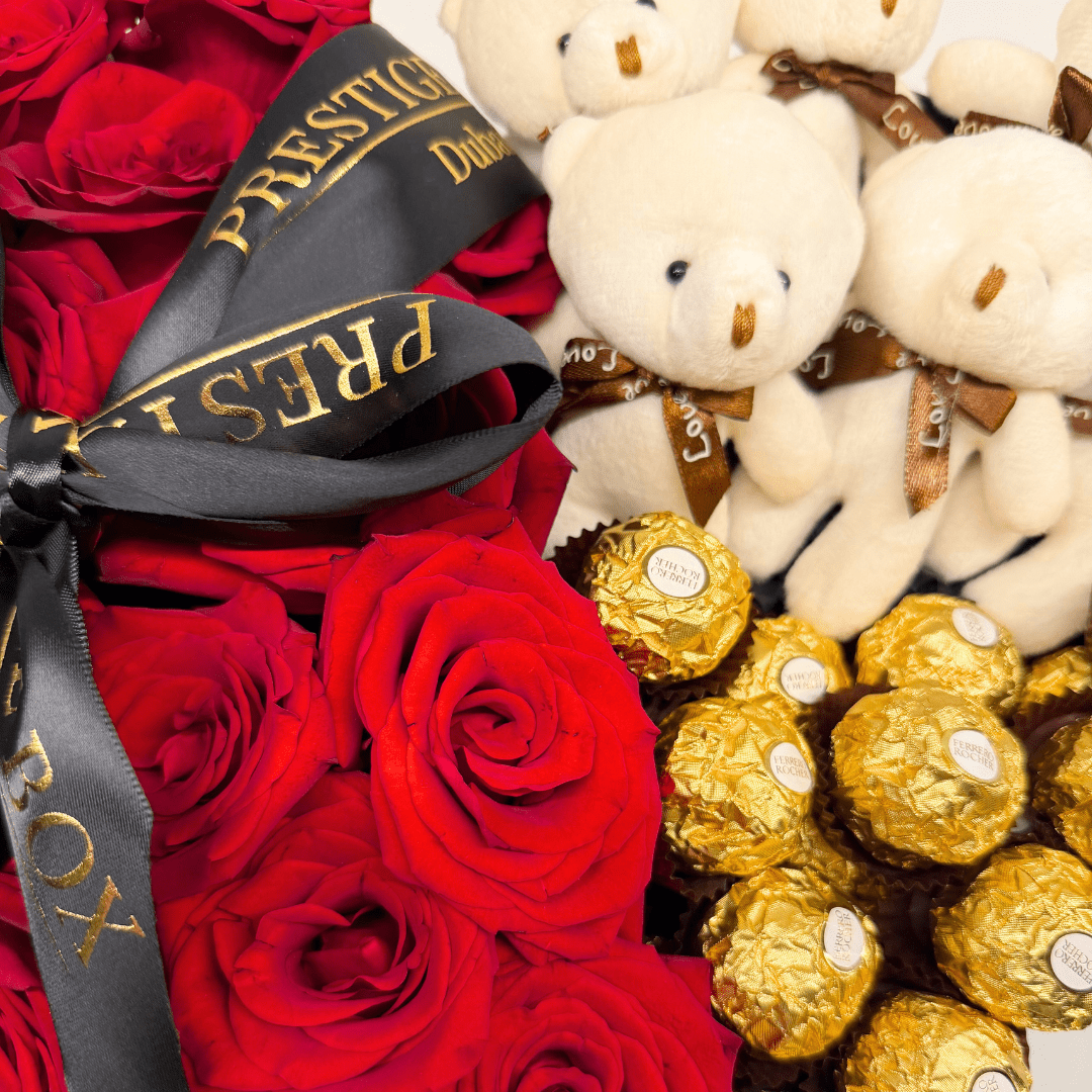 Heart Shape Rose Flower Box + Ferrero + Teddy