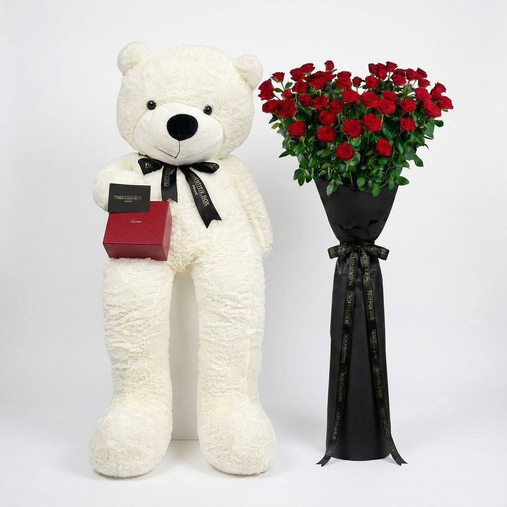 2 Meters Premium Red Rose Tall Bouquet + Giant Teddy
