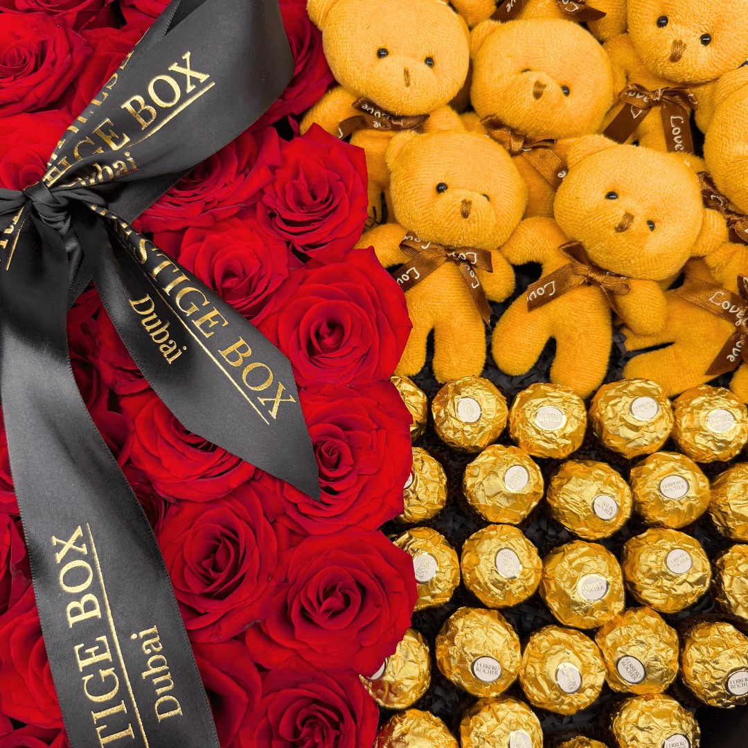 XLarge Round Rose Flower Box + Ferrero + Teddy Bears