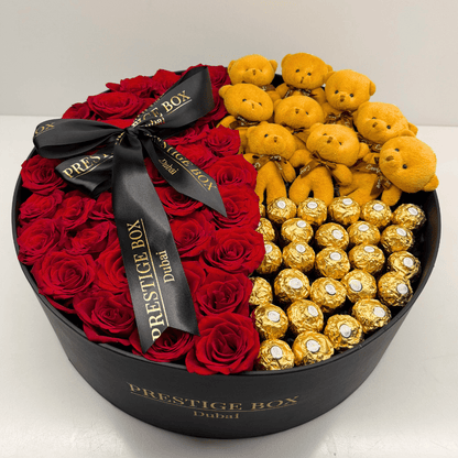 XLarge Round Rose Flower Box + Ferrero + Teddy Bears