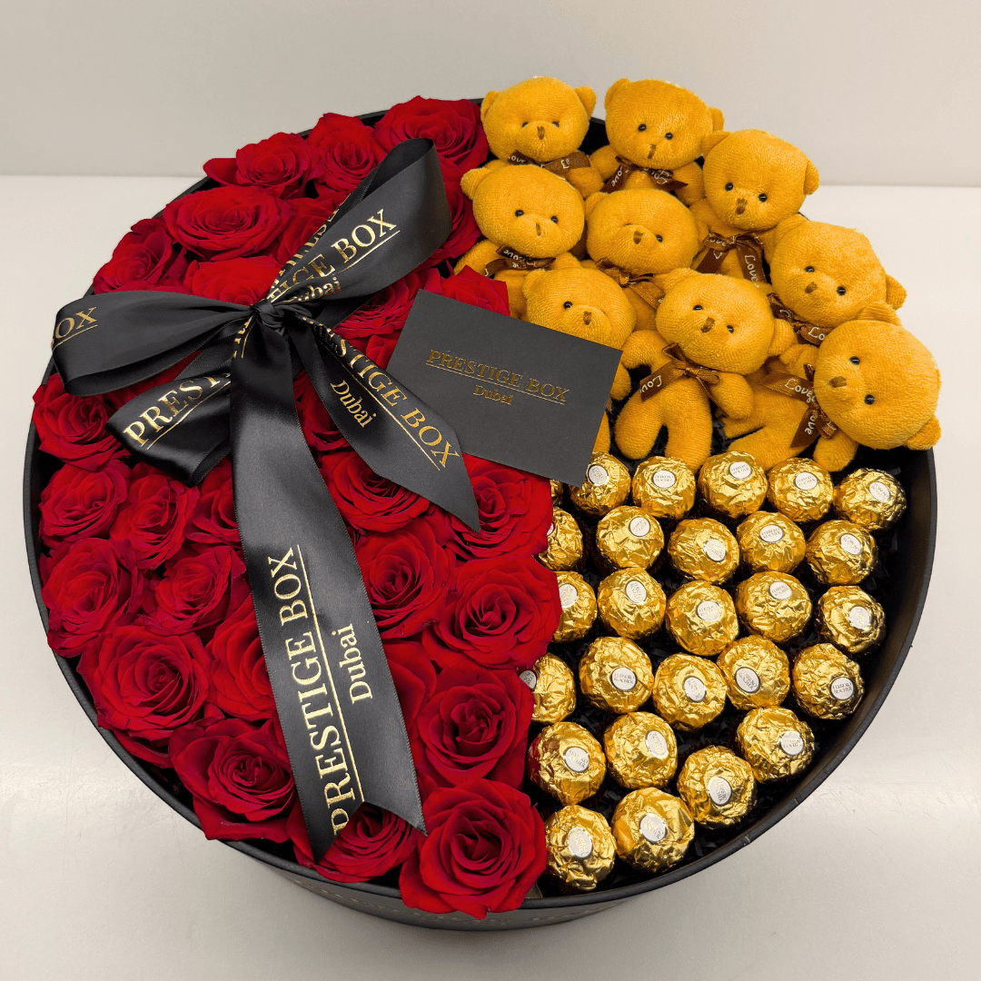 XLarge Round Rose Flower Box + Ferrero + Teddy Bears