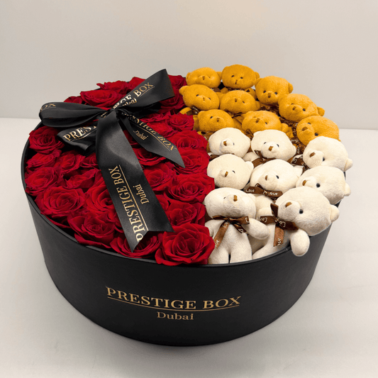 Large Round Rose Flower Box + Teddy Bears