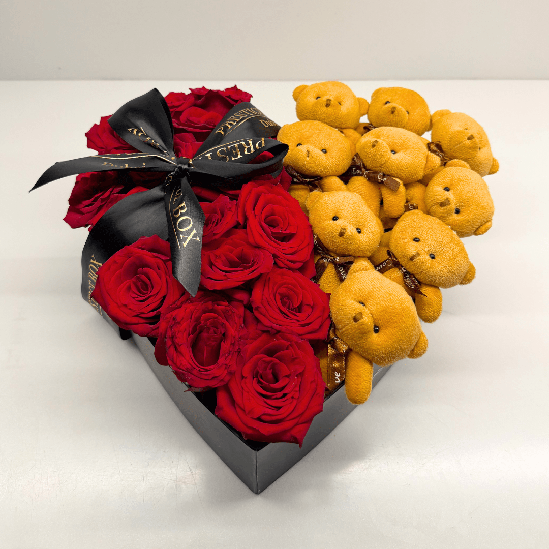 Heart Shape Rose Flower Box + Teddy Bears