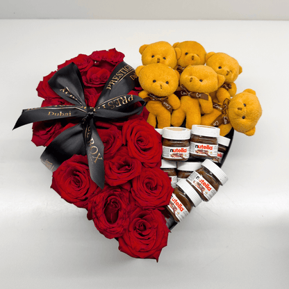 Heart Shape Rose Flower Box + Nutella + Teddy Bears