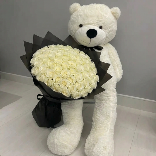 100 Premium white Roses Bouquet With Giant Teddy
