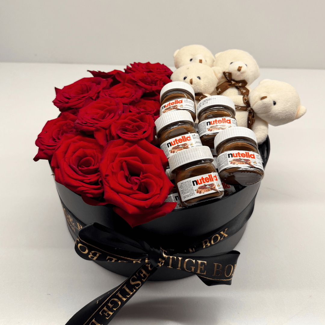Small Round Rose Flower Box + Nutella+ Teddy Bears