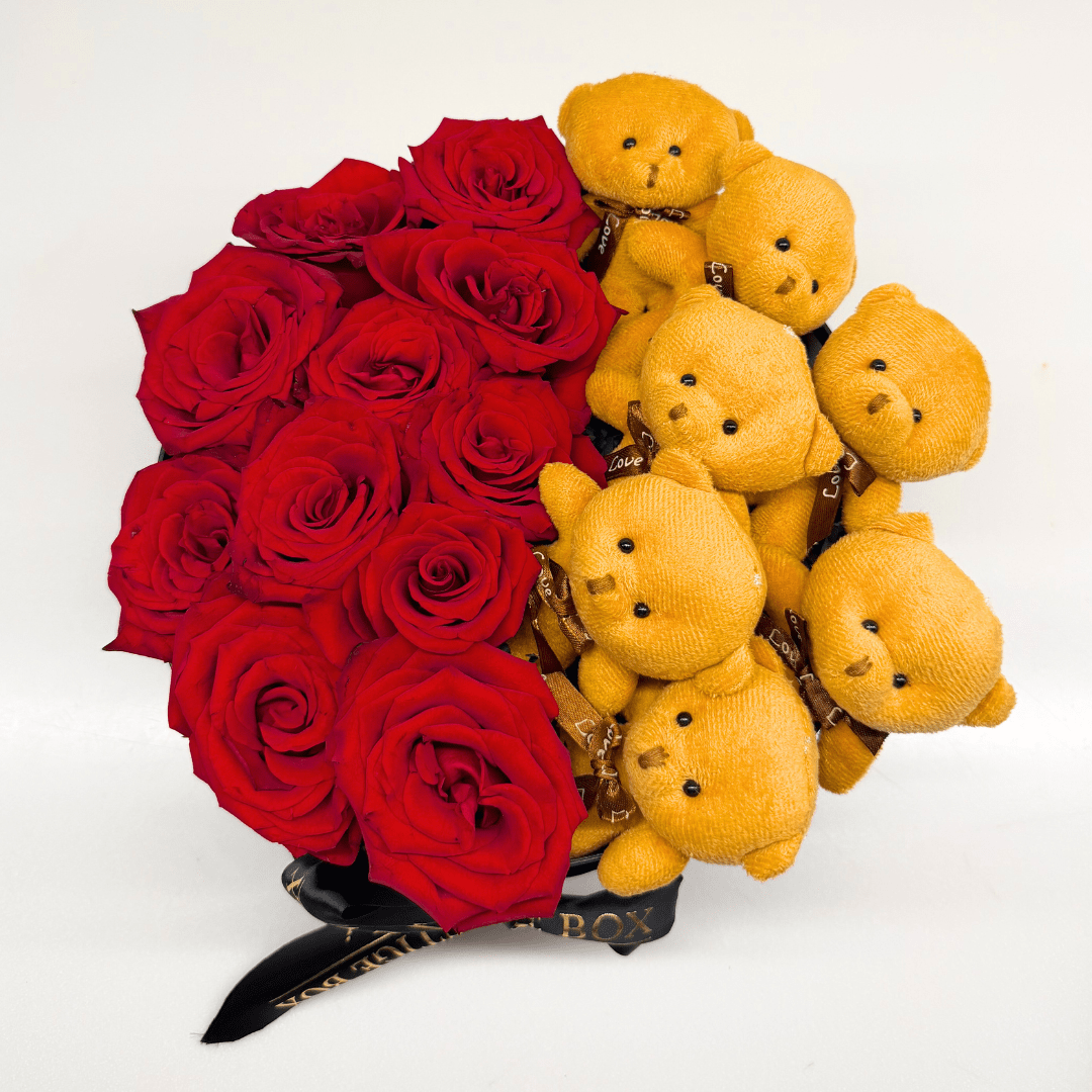 Small Round Rose Flower Box + Teddy Bears