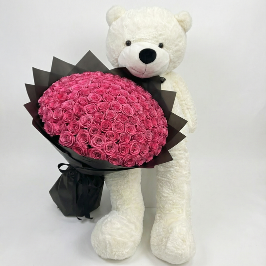 100 Premium Pink Roses Bouquet With Giant teddy