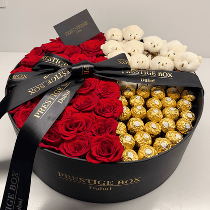 XLarge Round Rose Flower Box + Ferrero + White Teddy Bears
