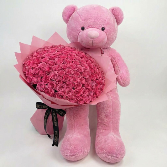 100 Premium Pink Roses Bouquet With Pink Giant teddy