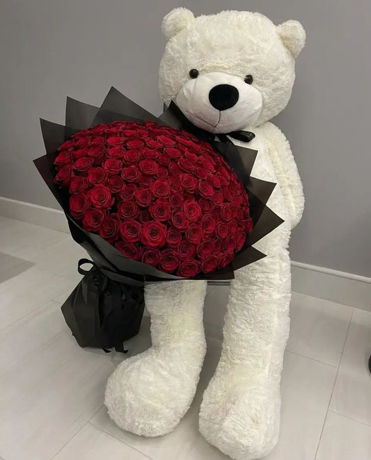 100 Premium Red Roses Bouquet With Giant Teddy