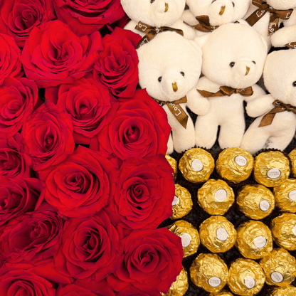 XLarge Round Rose Flower Box + Ferrero + White Teddy Bears