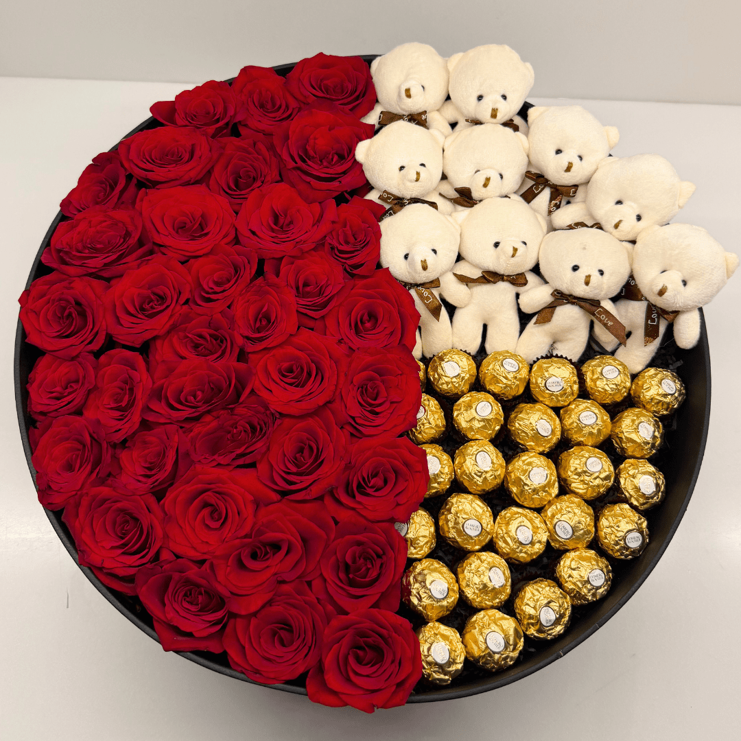 XLarge Round Rose Flower Box + Ferrero + White Teddy Bears