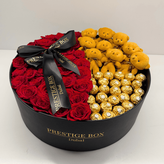 Large Round Rose Flower Box + Ferrero + Teddy Bears