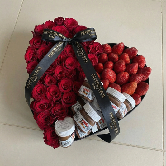 Heart Shape Rose Flower Box + Nutella + Strawberry