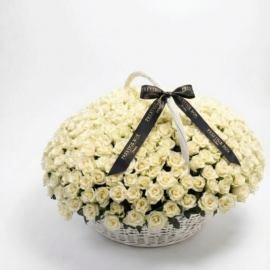 200 Premium White Roses Luxury Basket