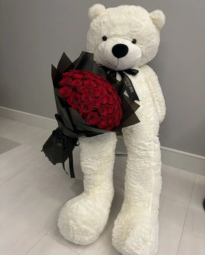 50 Premium Red Roses Bouquet With Giant Teddy