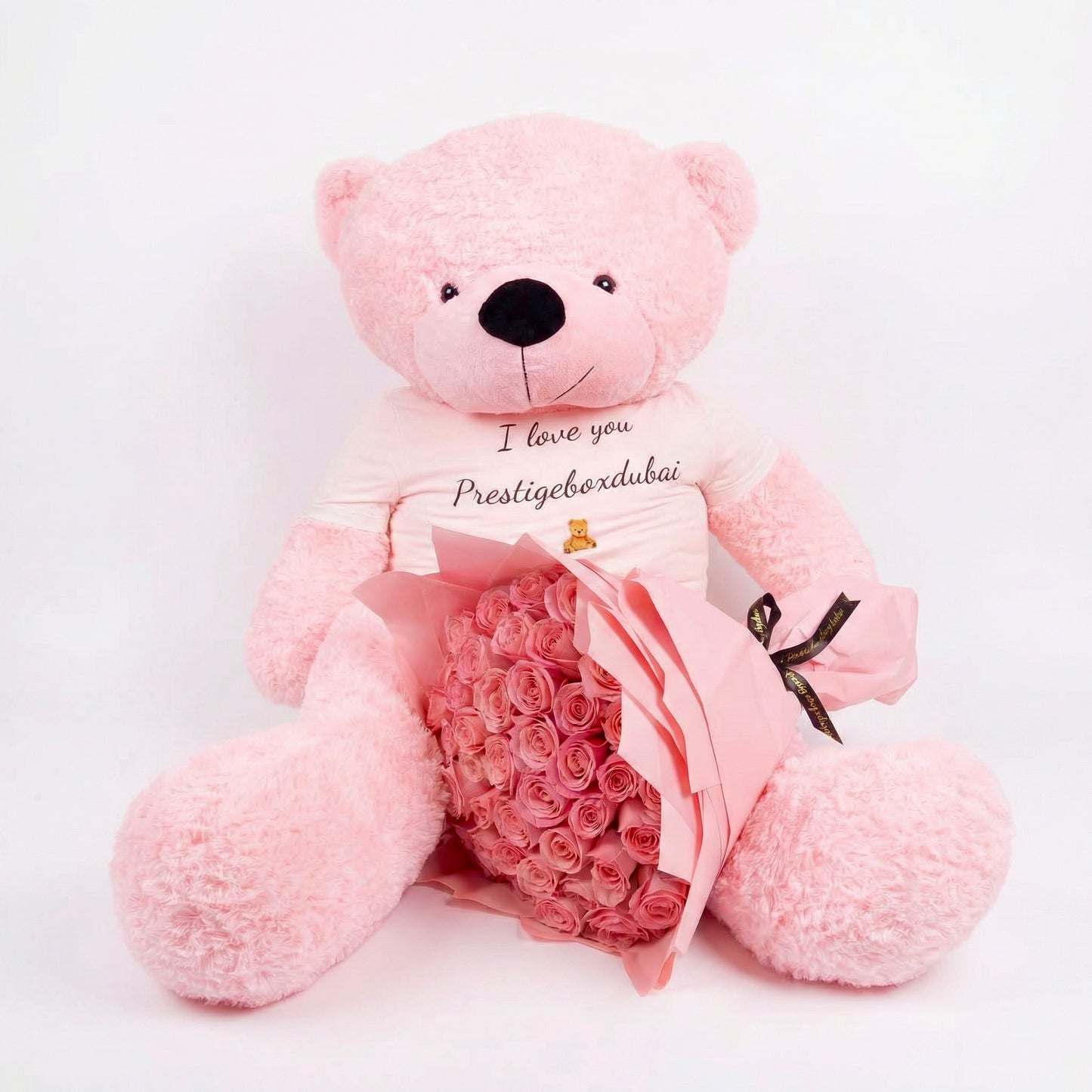 50 Premium Pink  Roses Bouquet With Giant Teddy