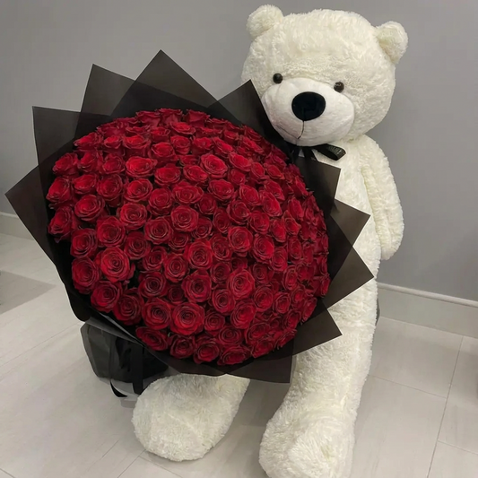 500 Premium Red Roses Bouquet With Giant Teddy