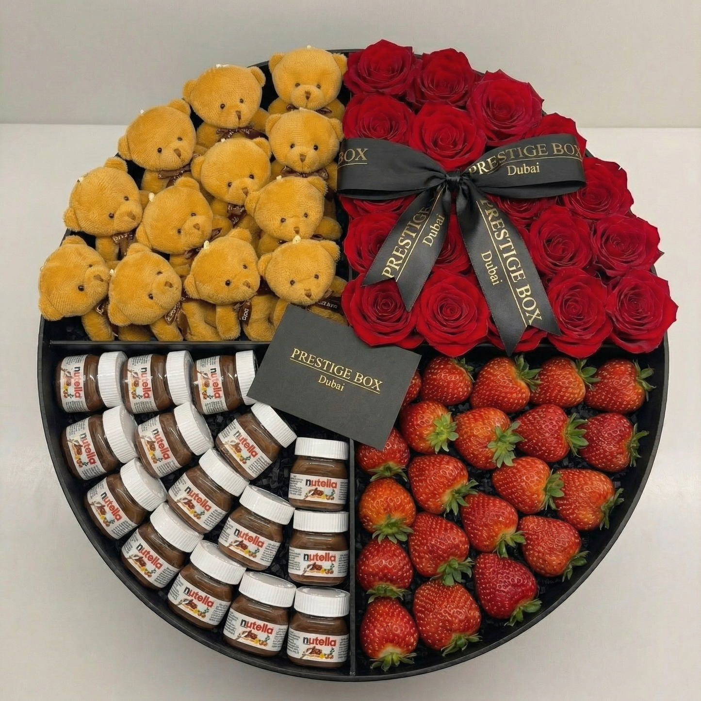 XLarge Round Rose Flower Box +Nutella + Strawberry + Soft Teddys