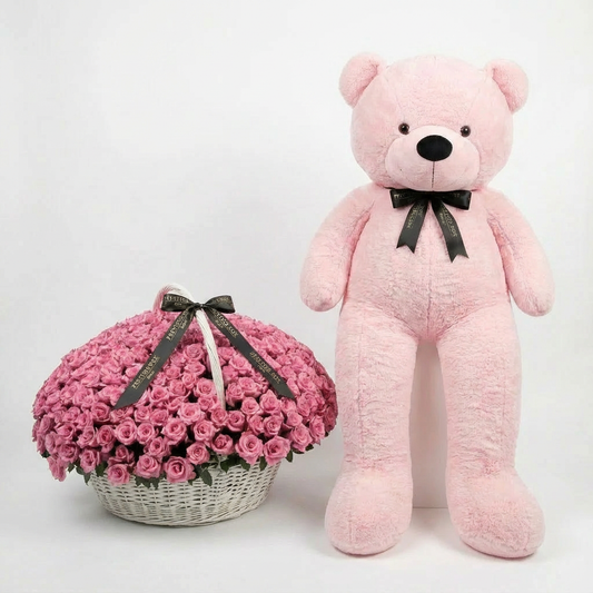 100 Premium Pink Roses Basket + Giant Bubblegum Teddy