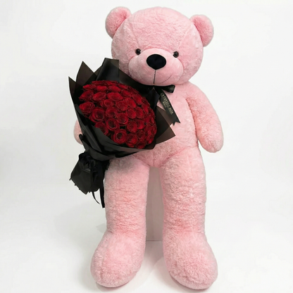 50 Premium Red Roses Bouquet With Giant Teddy