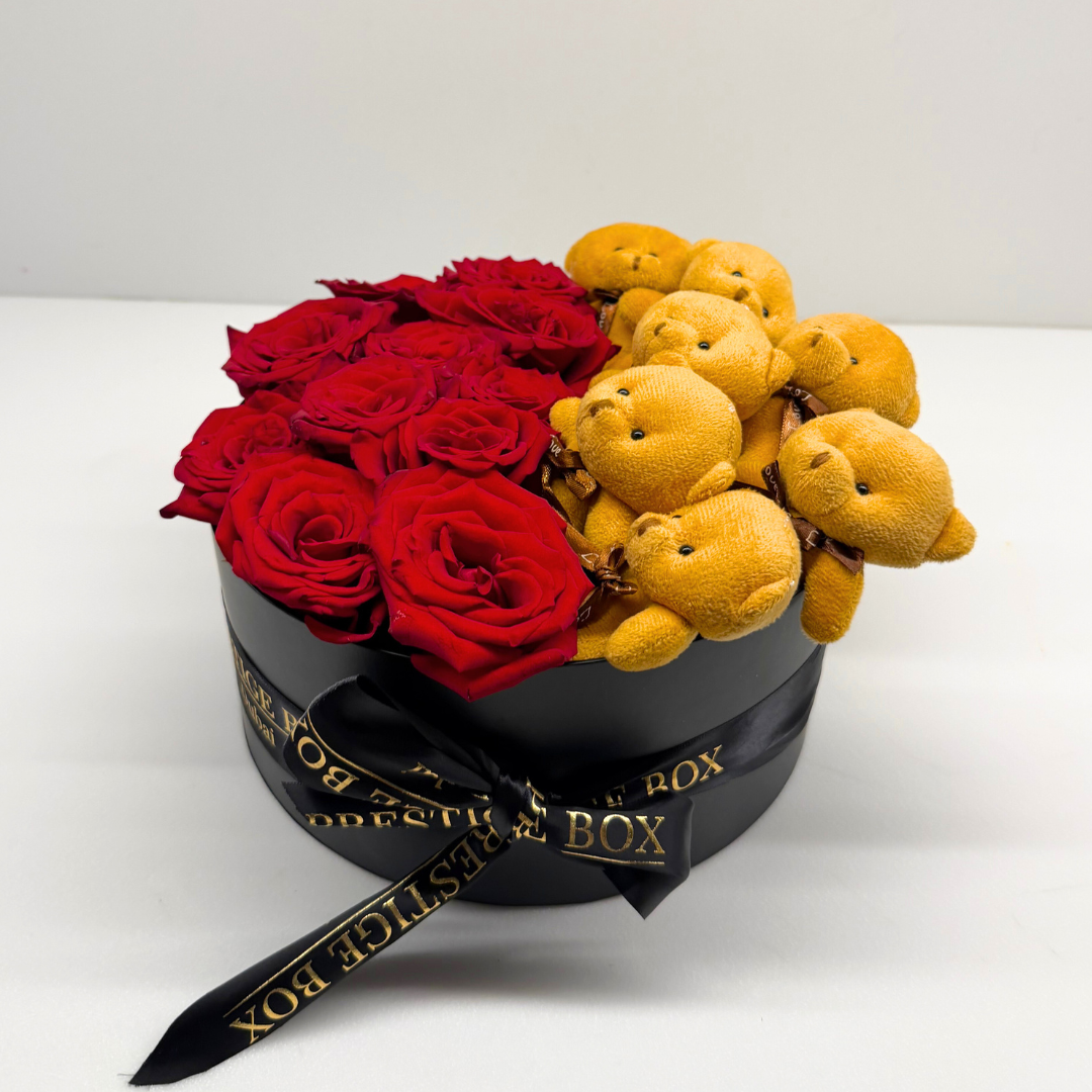 Small Round Rose Flower Box + Teddy Bears