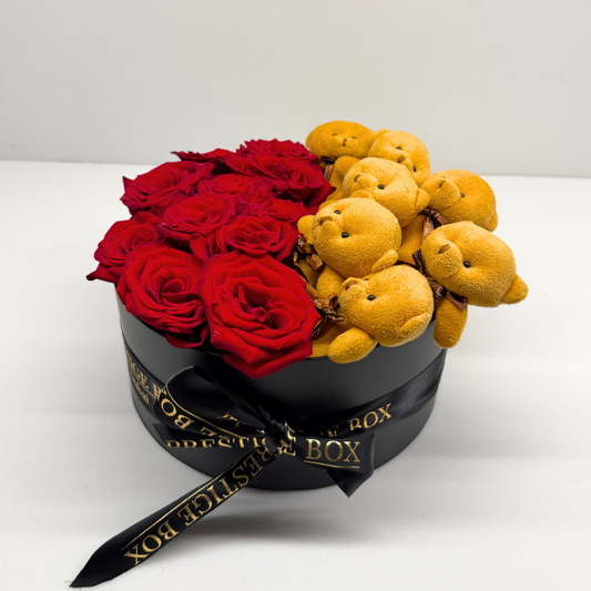 Small Round Rose Flower Box + Teddy Bears