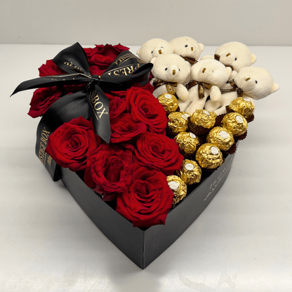 Heart Shape Rose Flower Box + Ferrero + Teddy
