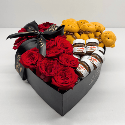Heart Shape Rose Flower Box + Nutella + Teddy Bears
