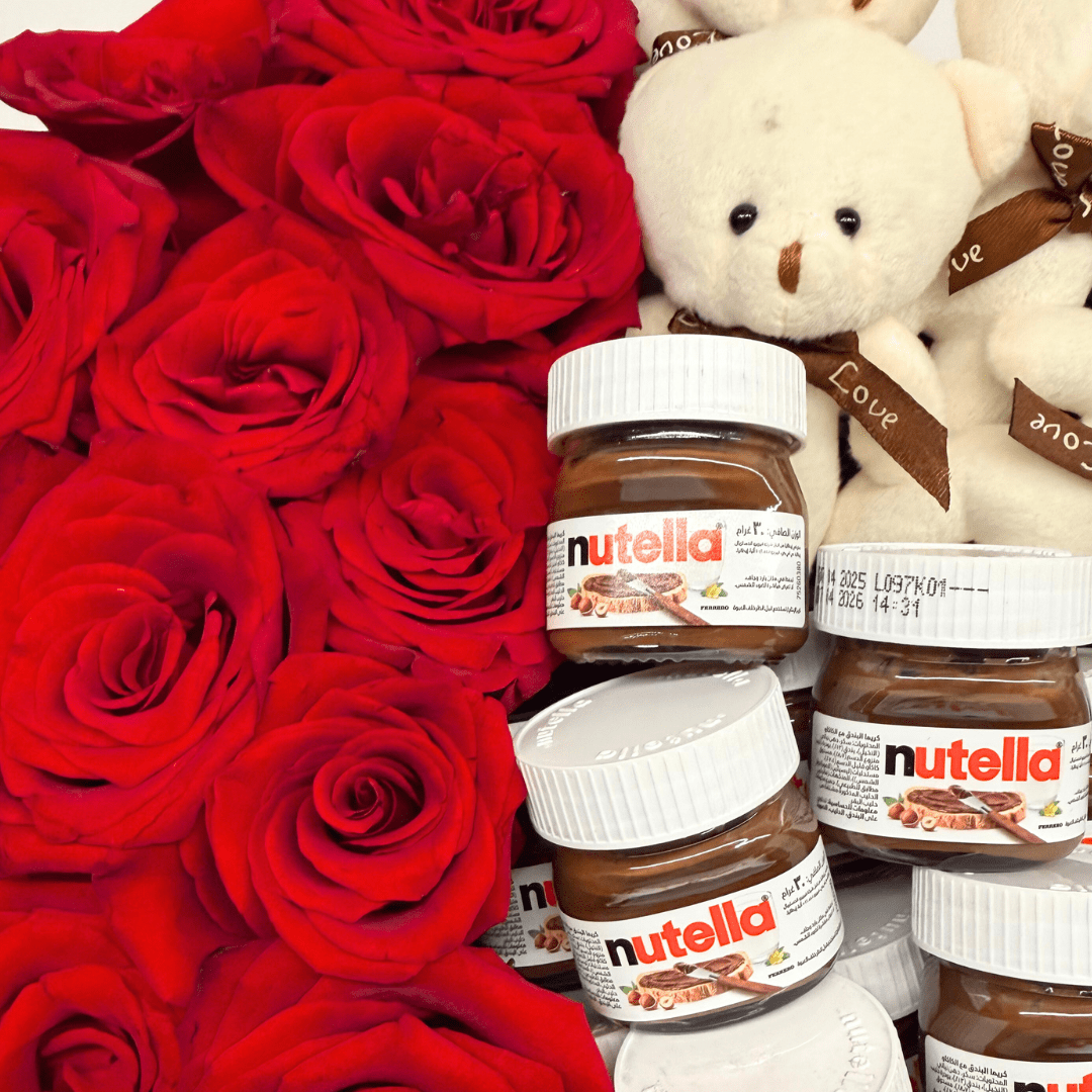 Small Round Rose Flower Box + Nutella+ Teddy Bears