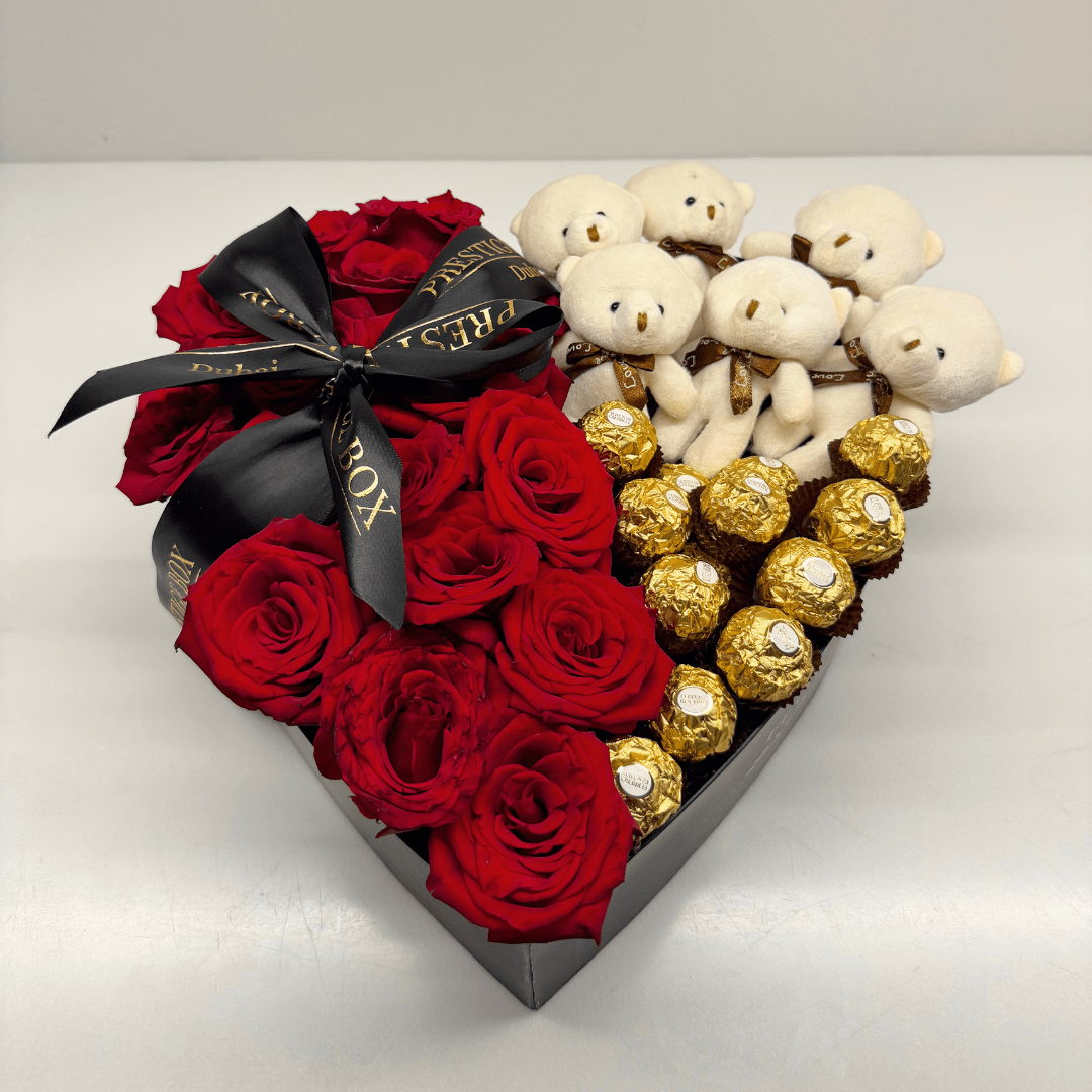 Heart Shape Rose Flower Box + Ferrero + Teddy