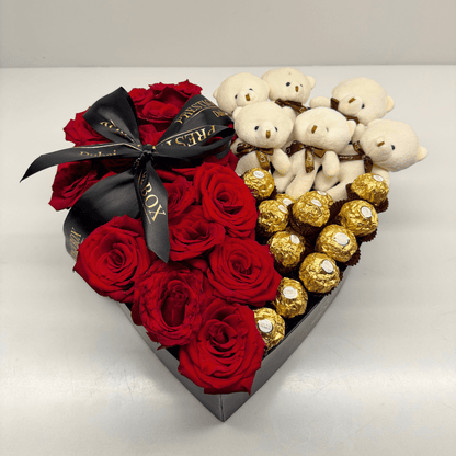 Heart Shape Rose Flower Box + Ferrero + Teddy